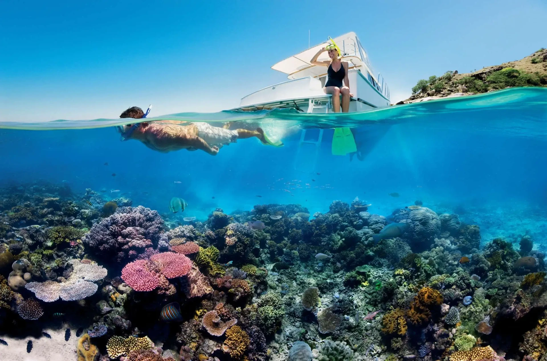 Snorkeler over coral gardens on the outer Great Barrier Reef