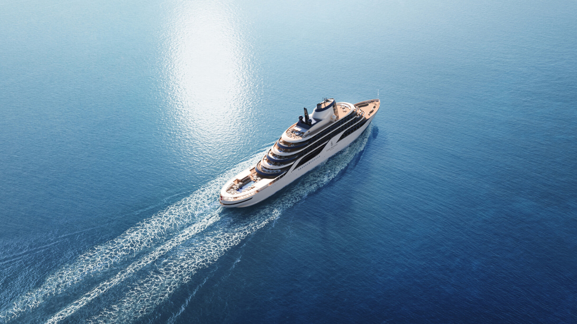 Four Seasons Yacht cruising calm blue water in sunlight