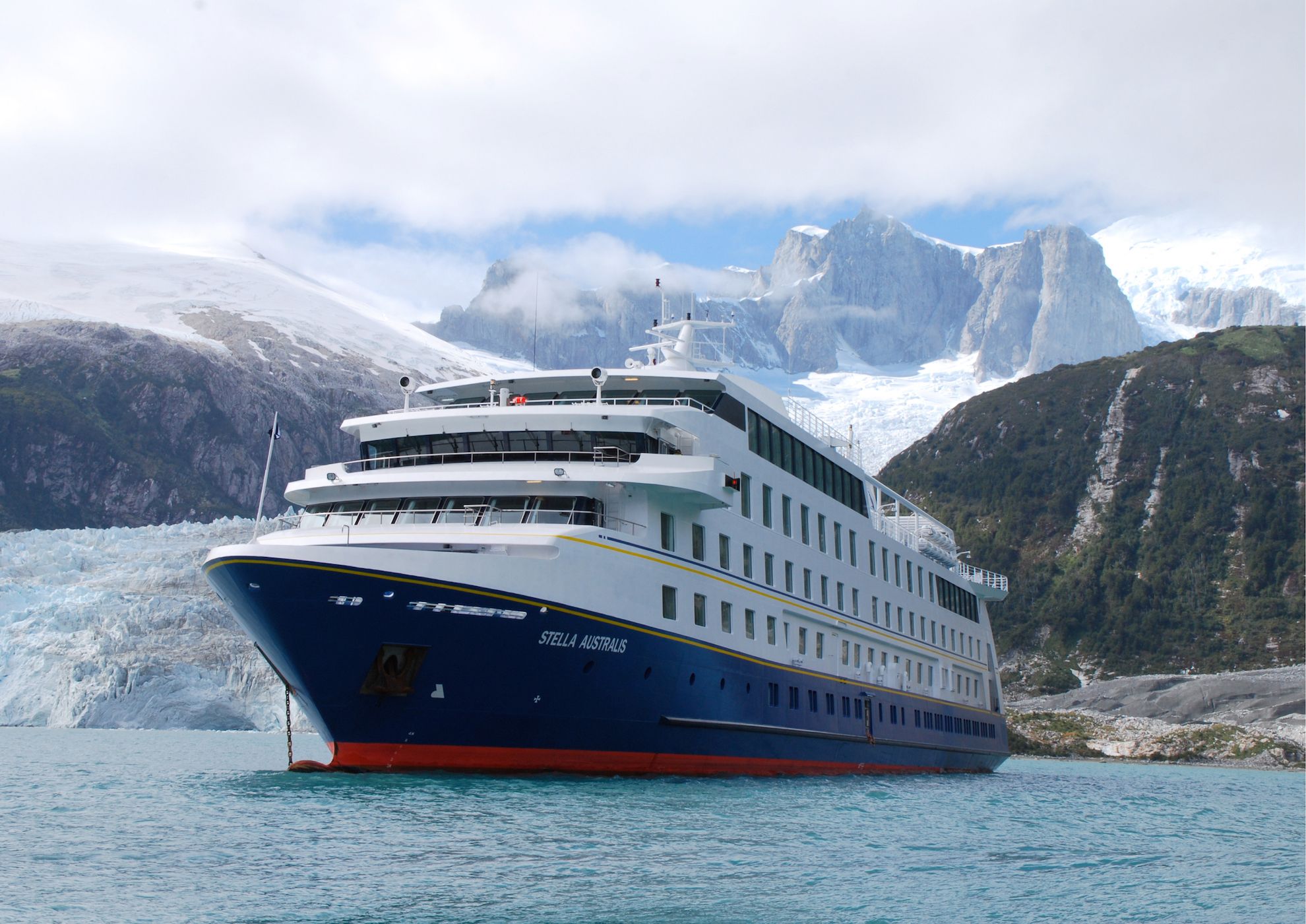 Australis ship Stella Australis anchored before a glacier in the Patagonian fjords