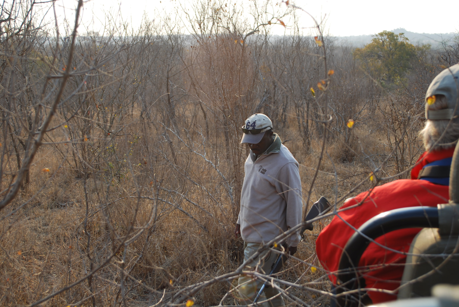 Safari guide tracking wildlife on foot in a private reserve, South Africa