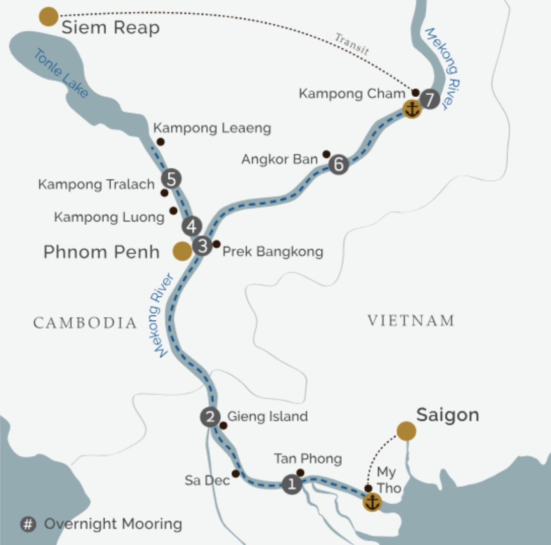 Map of the Mekong River route from Kampong Cham, Cambodia to My Tho, Vietnam