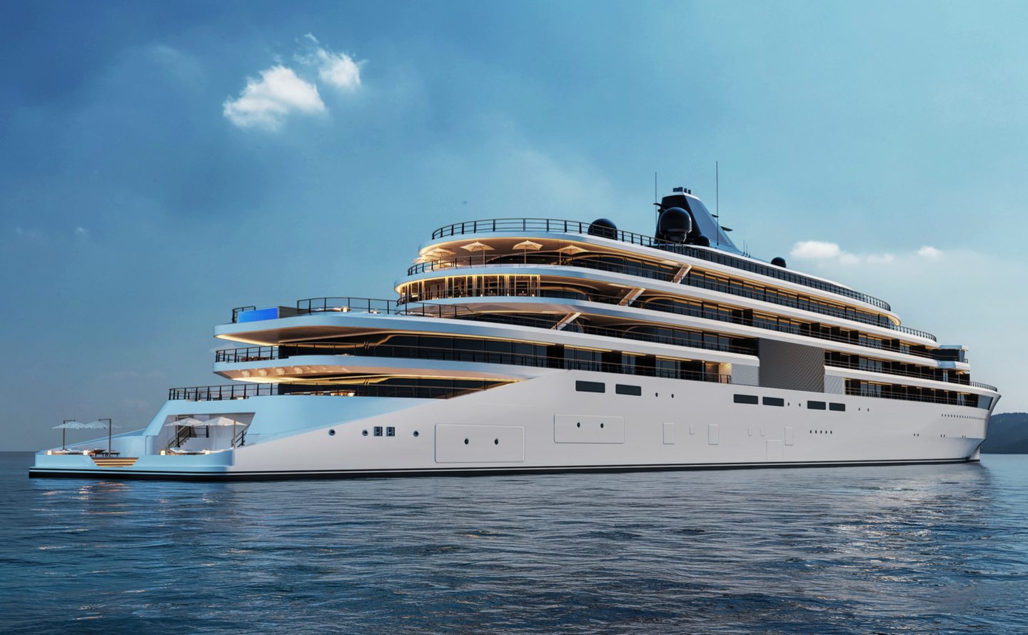 Amangati, Aman's first yacht at sea, with terrace decks above calm water