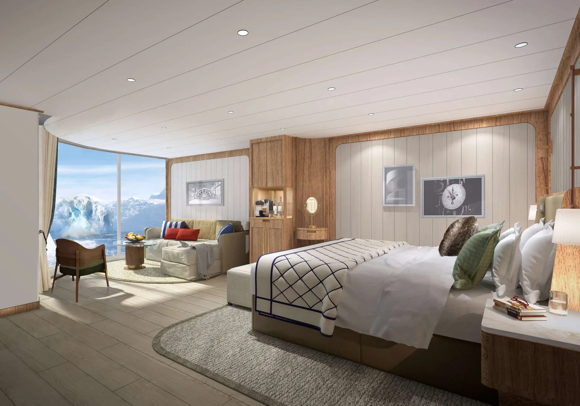 A veranda suite on Seabourn Pursuit with glaciers and icebergs visible through the window