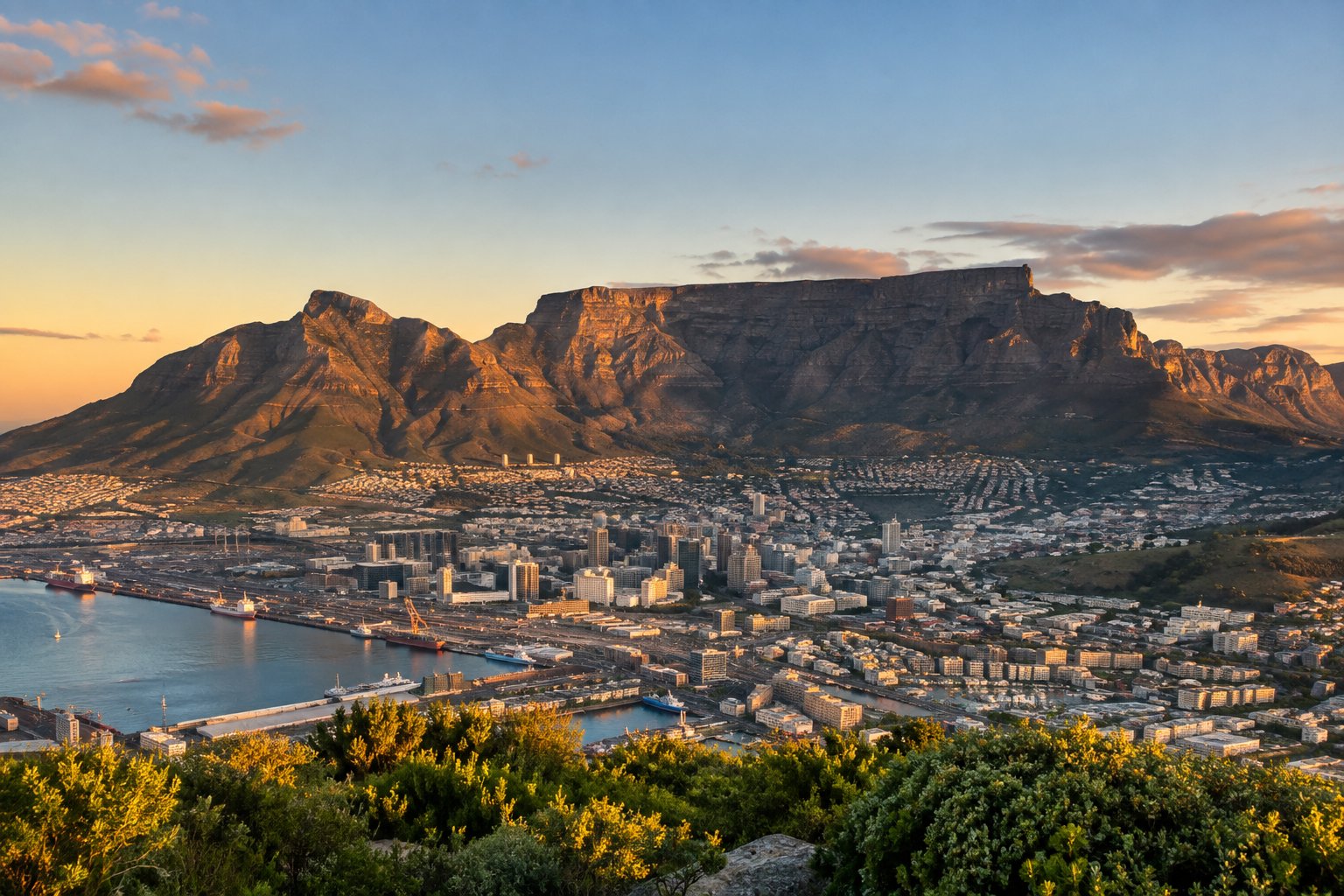 Table Mountain rising above Cape Town and its harbour at sunset, South Africa