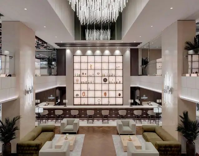Grand lobby lounge with crystal chandelier and bar