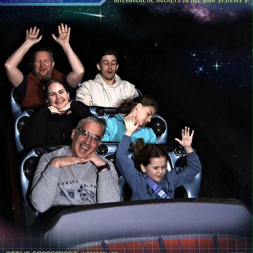 Kim Koldykowski's family riding Space Mountain at Walt Disney World
