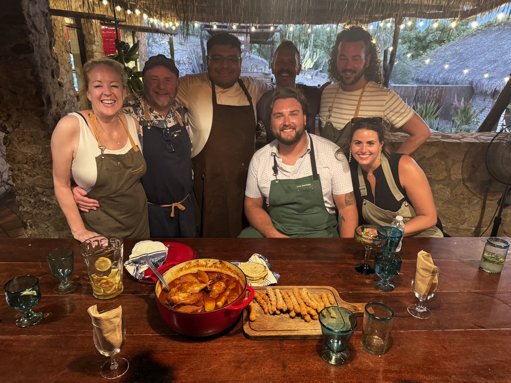 Cooking class at Los Tamarindos farm in San José del Cabo, Mexico, with dishes from the afternoon on the table
