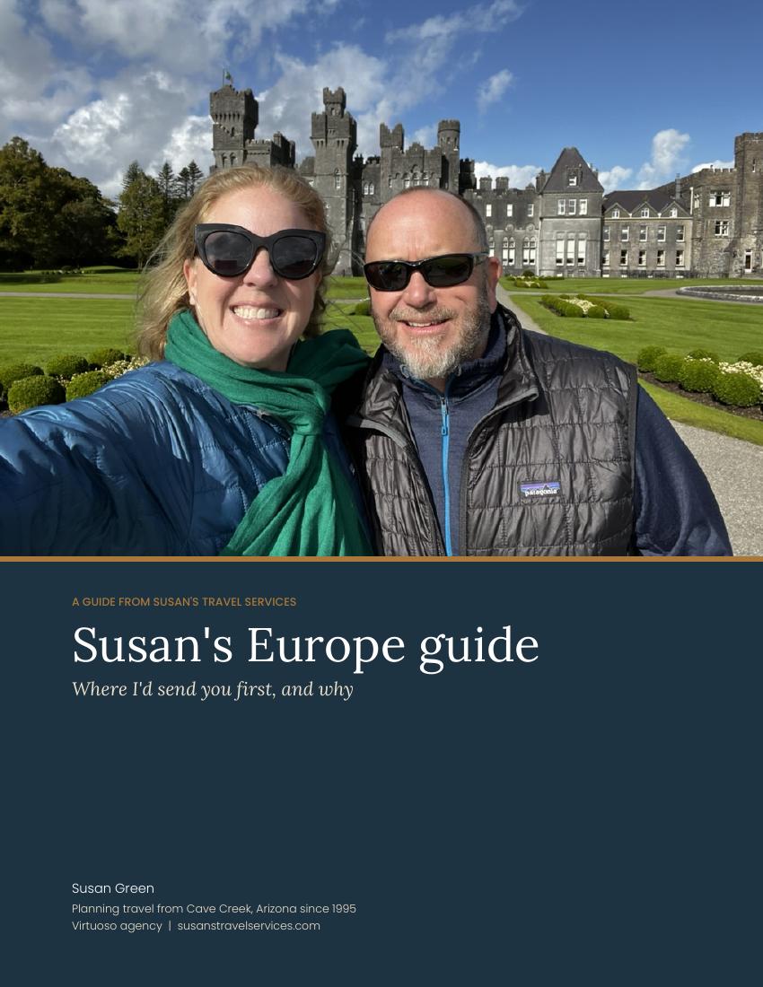 Cover of Susan's Europe Guide: Susan Green and her husband in front of Ashford Castle in Ireland