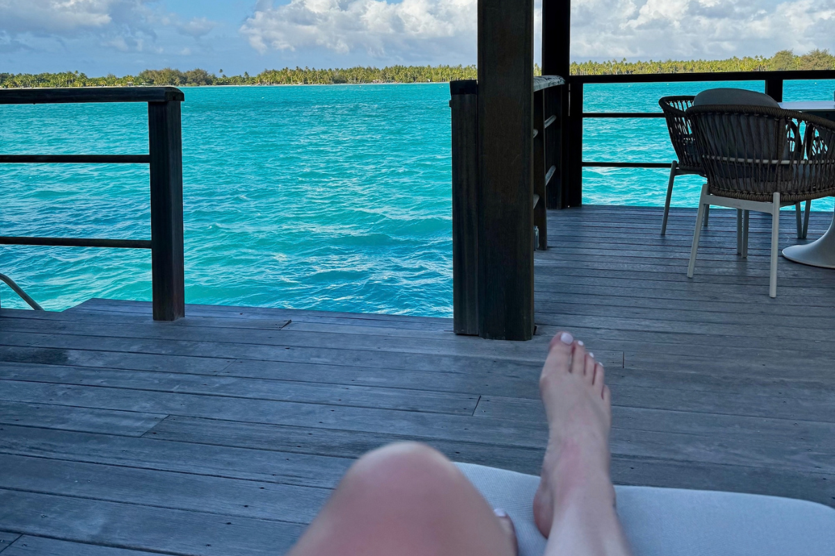 Turquoise lagoon and overwater bungalows in Tahiti