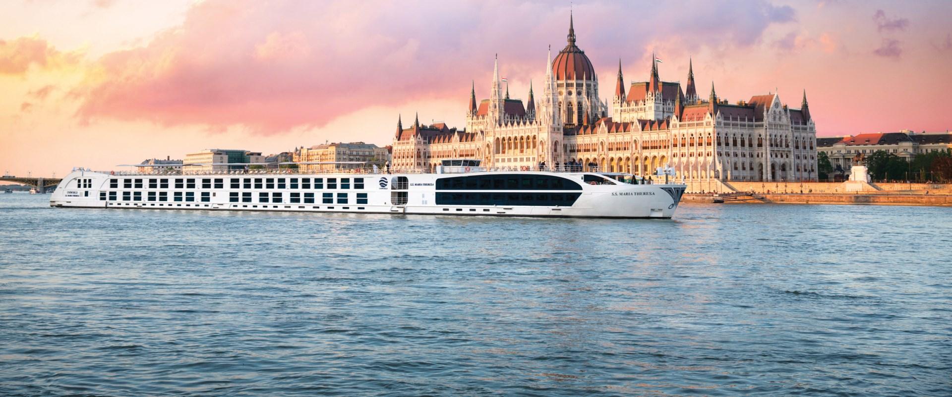 Uniworld's S.S. Maria Theresa on the Danube in front of the Hungarian Parliament in Budapest